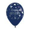 B2B GLOBO LATEX REDONDO INFINITY® HAPPY BIRTHDAY TRIANGULOS METALINK FASHION AZUL